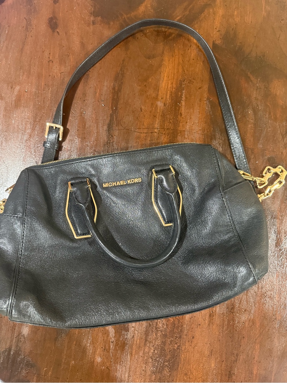 Michael Kors Black Leather Shoulder Bag with Gold Hardware